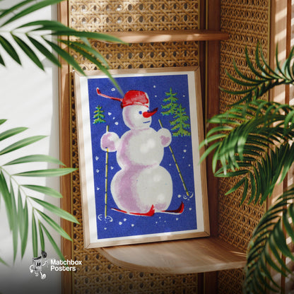 Snowman Skiing - vintage matchbox label print - office wall