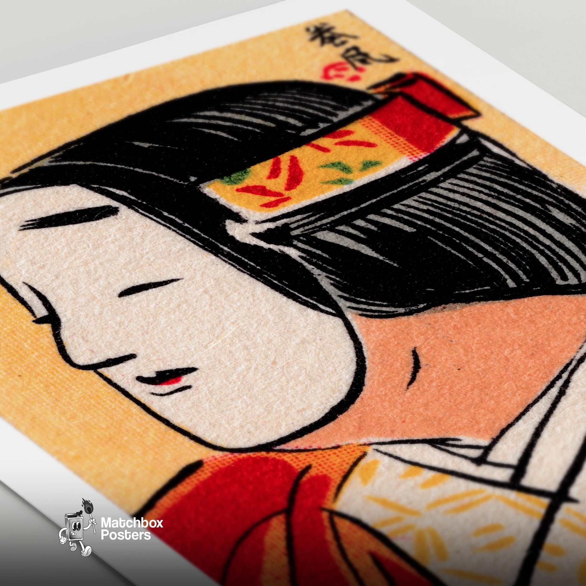 Japanese Noh Mask - vintage matchbox label print - close-up detail