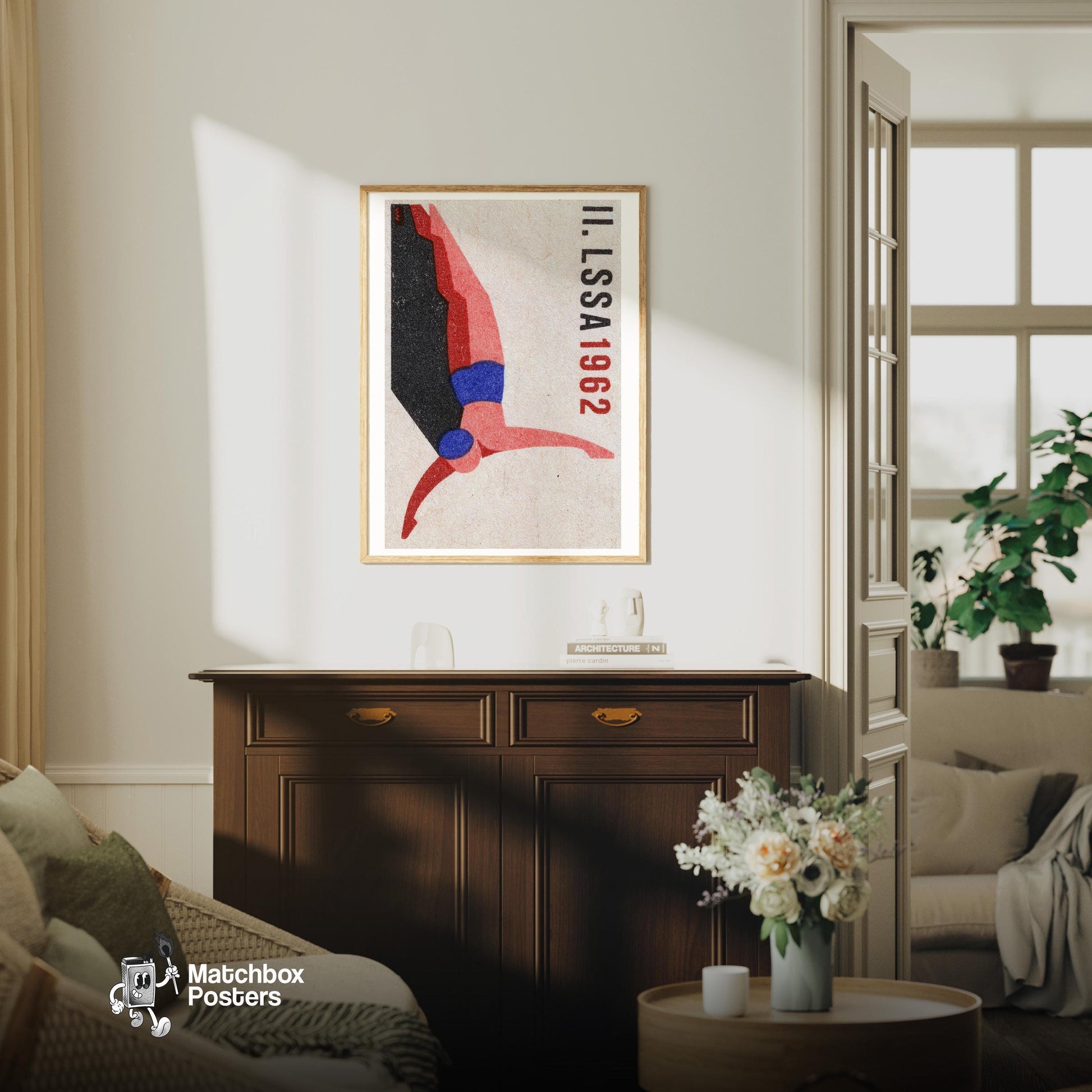 Swan Diver - vintage matchbox label print - living room mockup