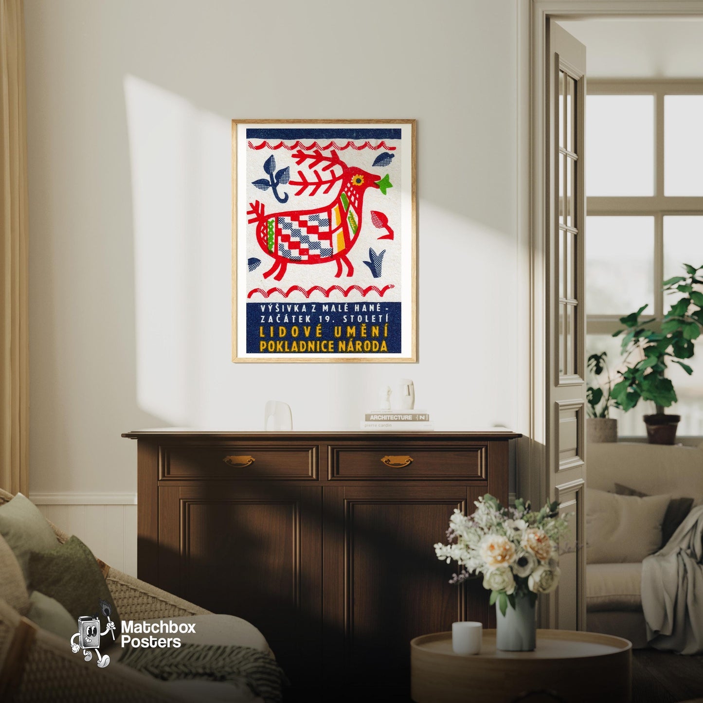 Folk Deer - vintage matchbox label print - living room mockup