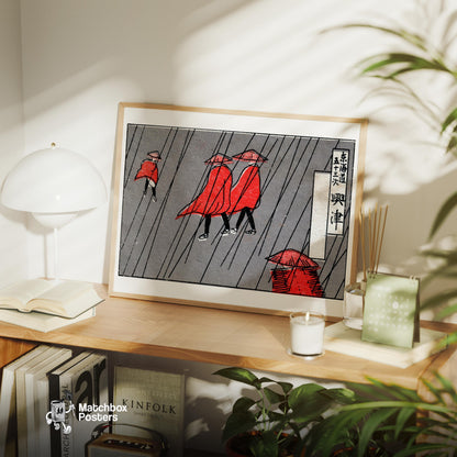 Red Raincoats - vintage matchbox label print - office wall