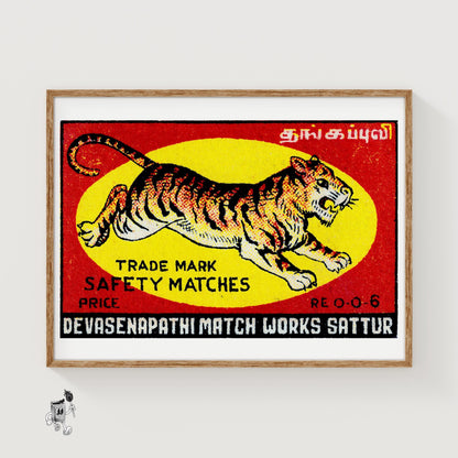 Leaping Tiger - vintage matchbox label print