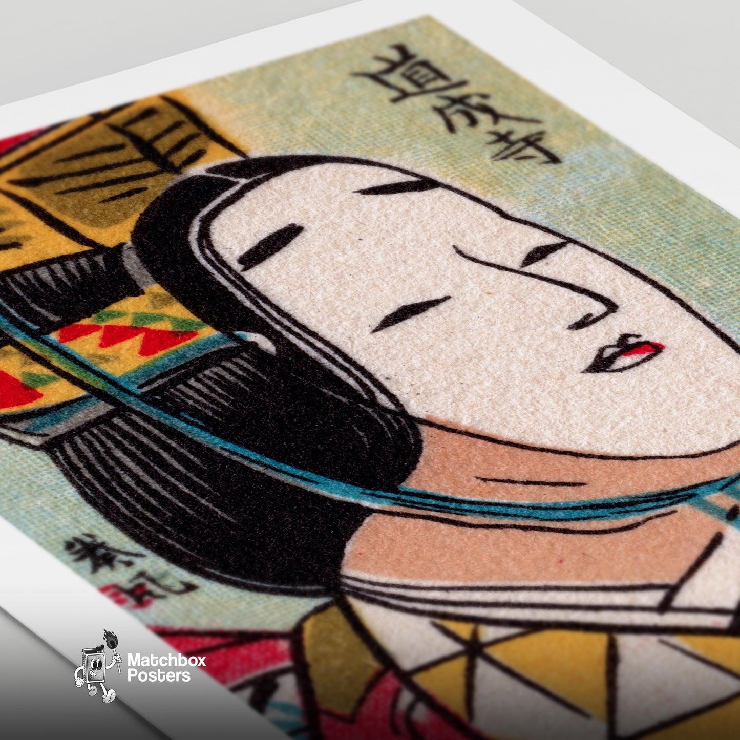 Japanese Mask - vintage matchbox label print - close-up detail