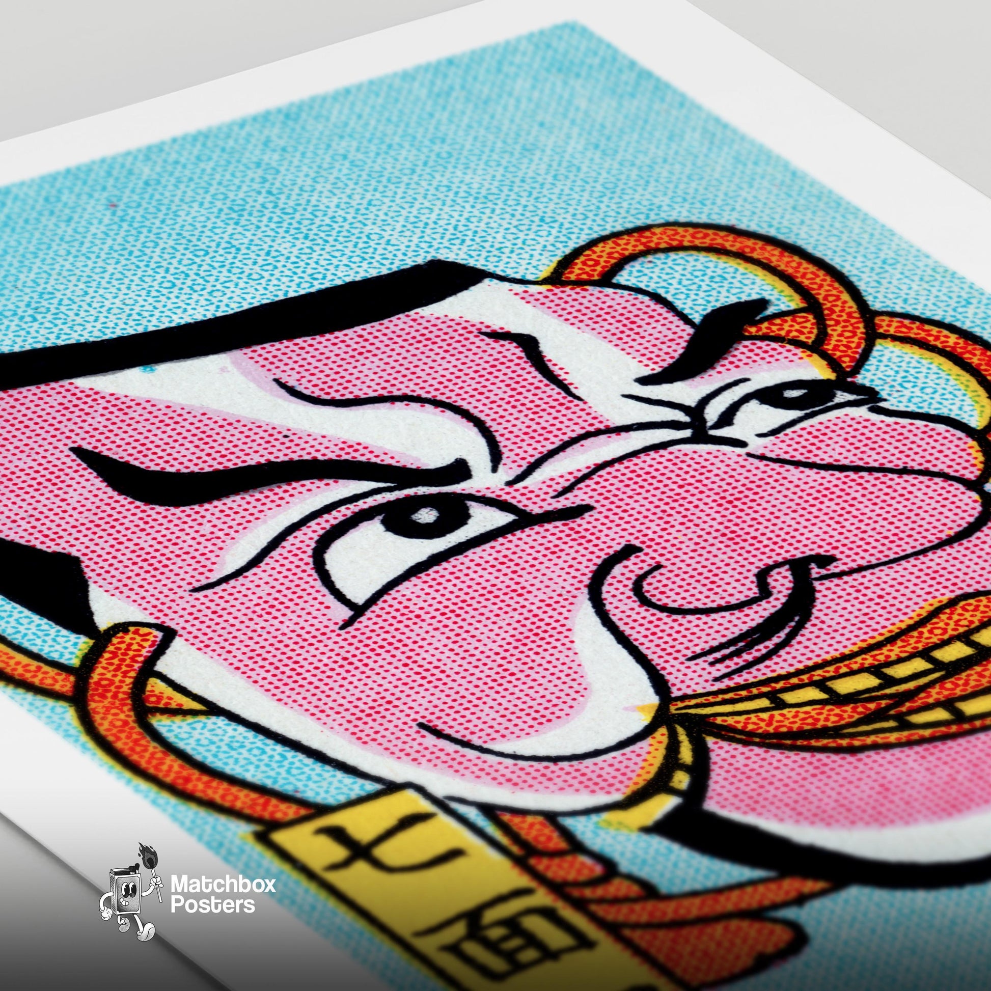 Grinning Pink Japanese Mask - vintage matchbox label print - close-up detail