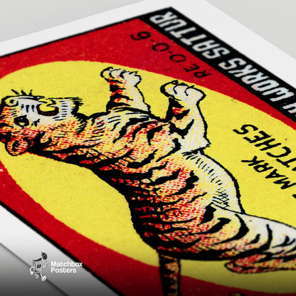 Leaping Tiger - vintage matchbox label print - close-up detail