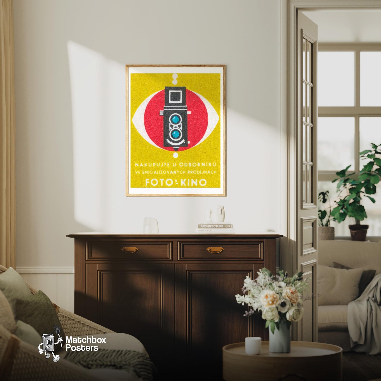 Vintage Camera Store Advertizement - vintage matchbox label print - living room mockup