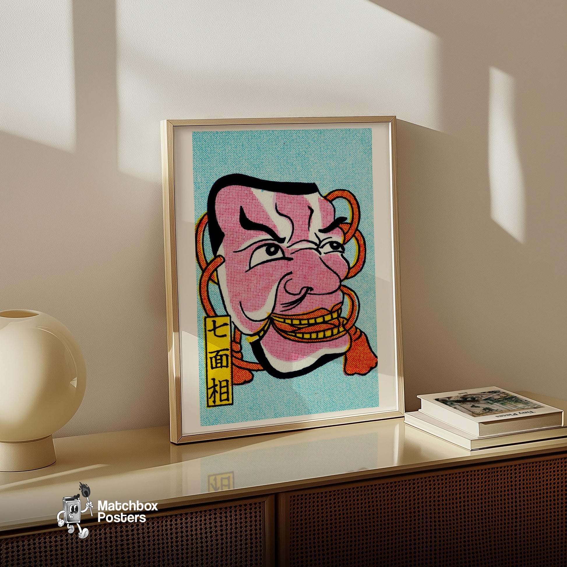 Grinning Pink Japanese Mask - vintage matchbox label print - size comparison