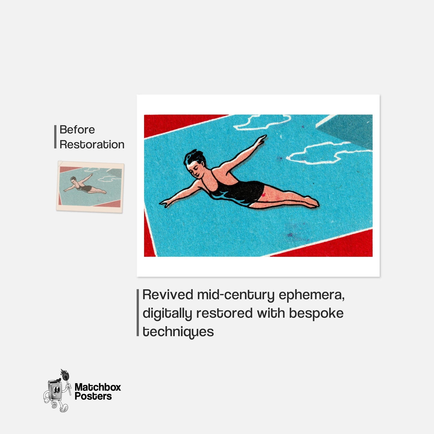 Pool Diver - vintage matchbox label print - framed wall art preview