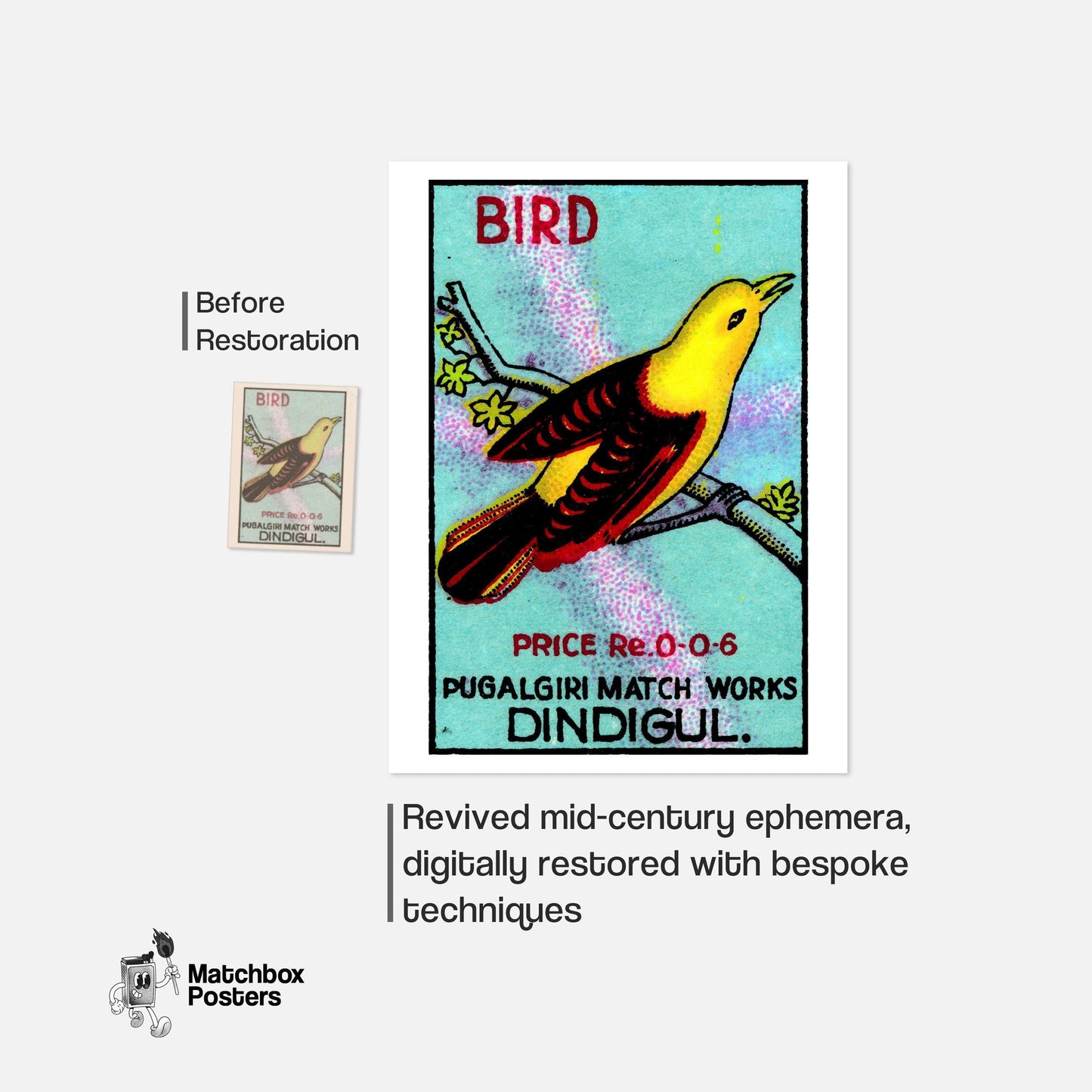 Yellow Bird - vintage matchbox label print - framed wall art preview
