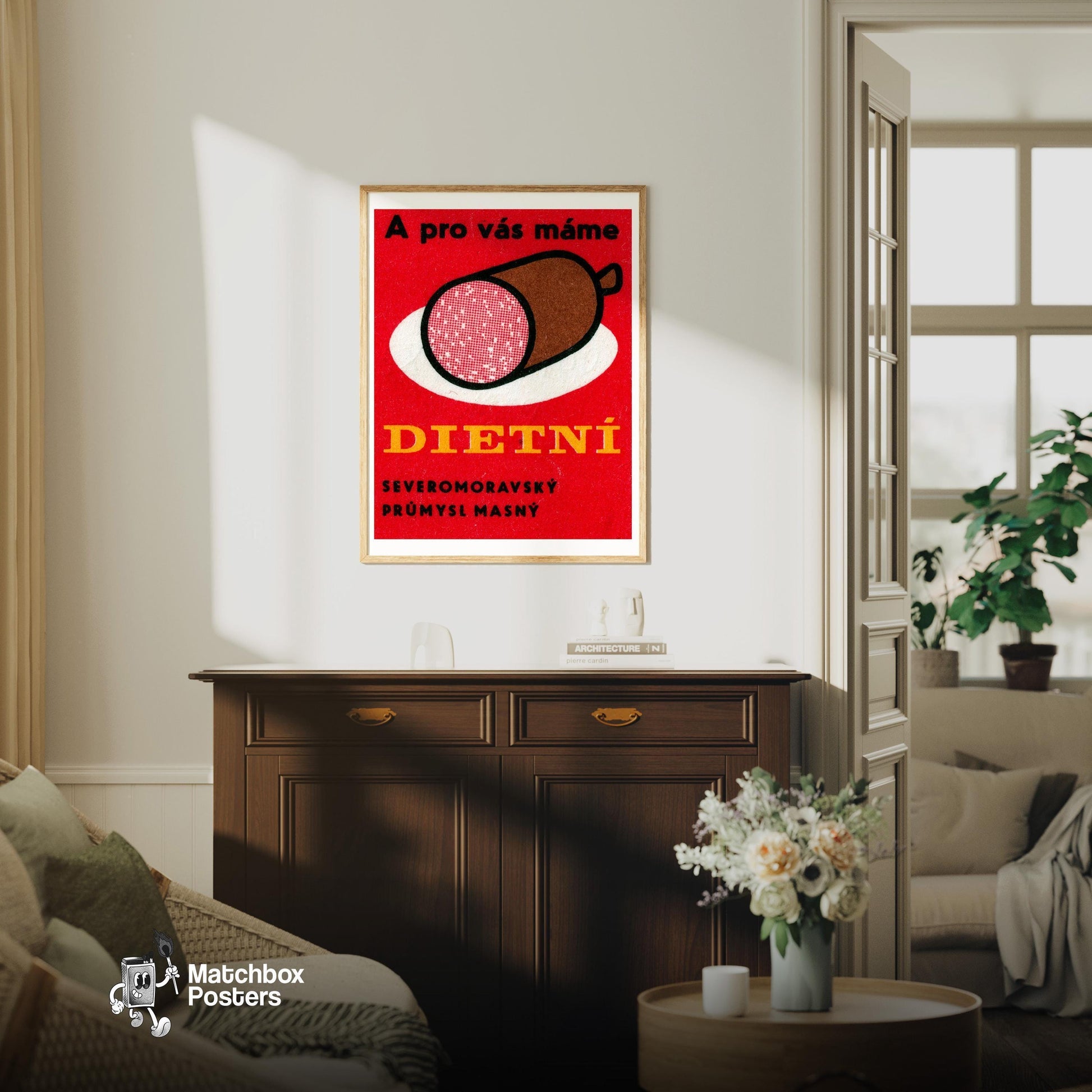 Big Sausage - vintage matchbox label print - living room mockup