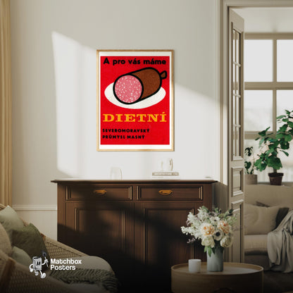 Big Sausage - vintage matchbox label print - living room mockup