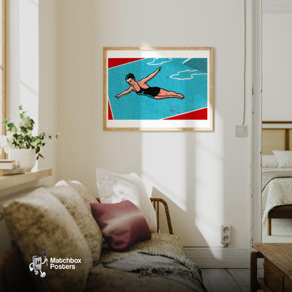 Pool Diver - vintage matchbox label print - living room mockup
