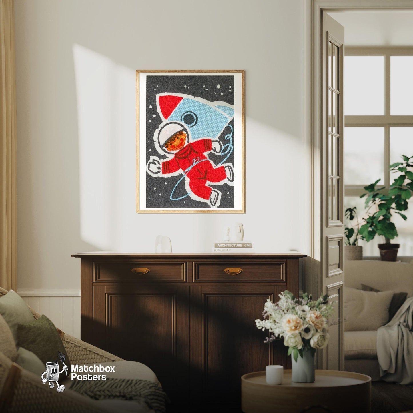 Child Astronaut - vintage matchbox label print - living room mockup