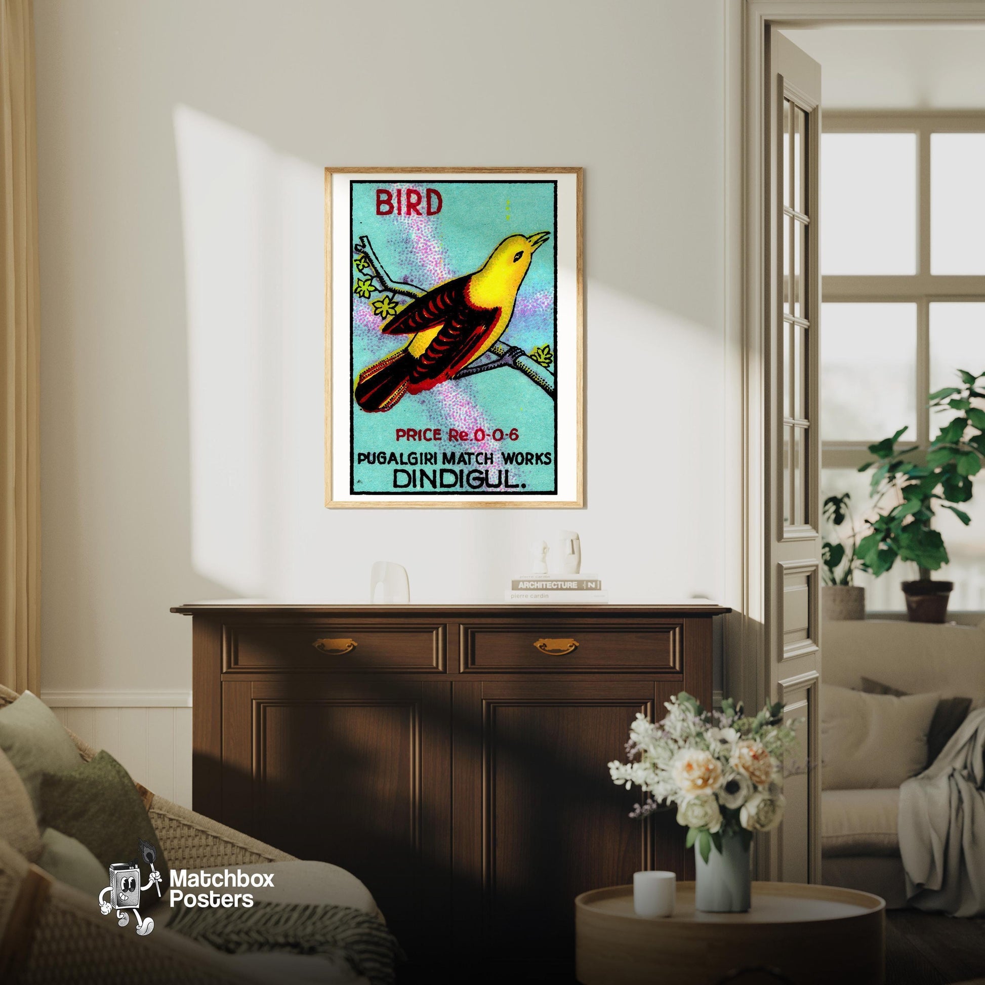Yellow Bird - vintage matchbox label print - living room mockup