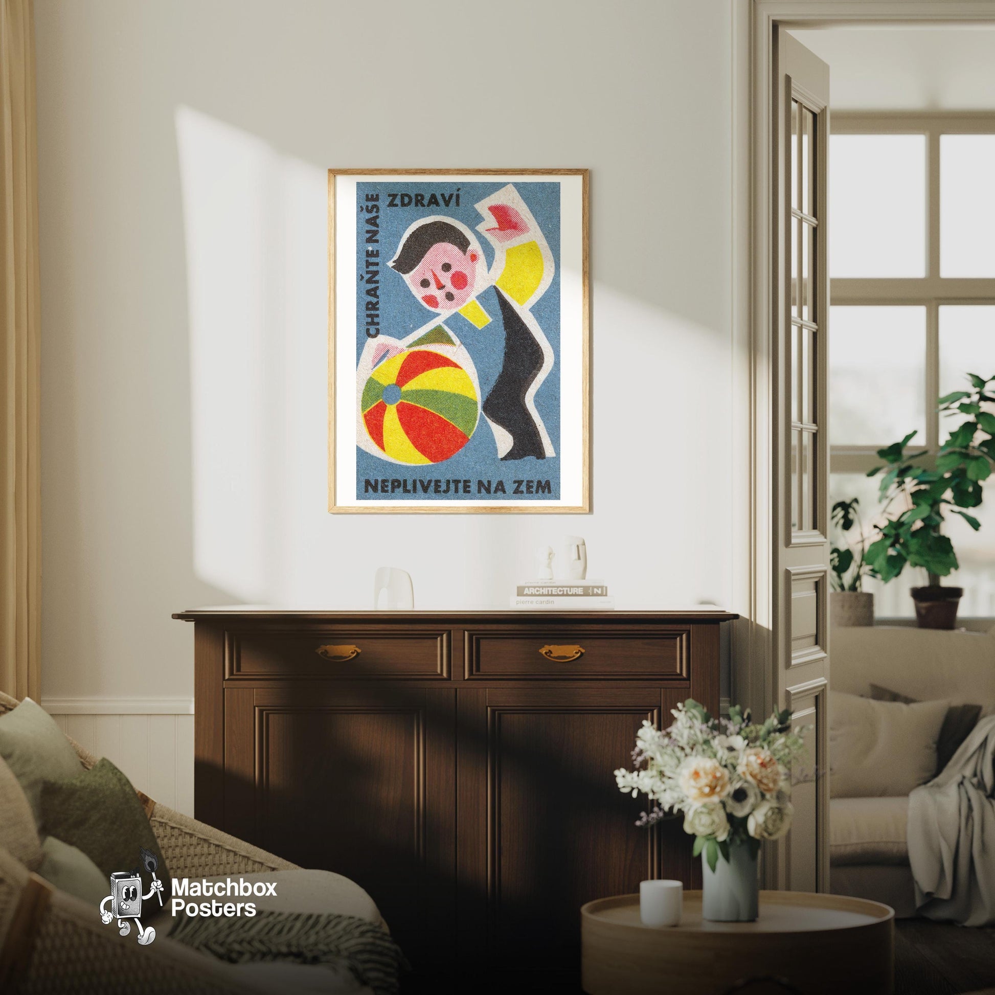 Boy with Beach Ball - vintage matchbox label print - living room mockup