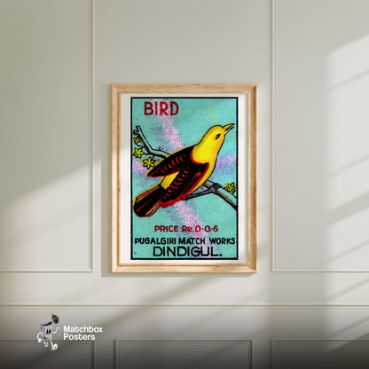 Yellow Bird - vintage matchbox label print - bedroom mockup