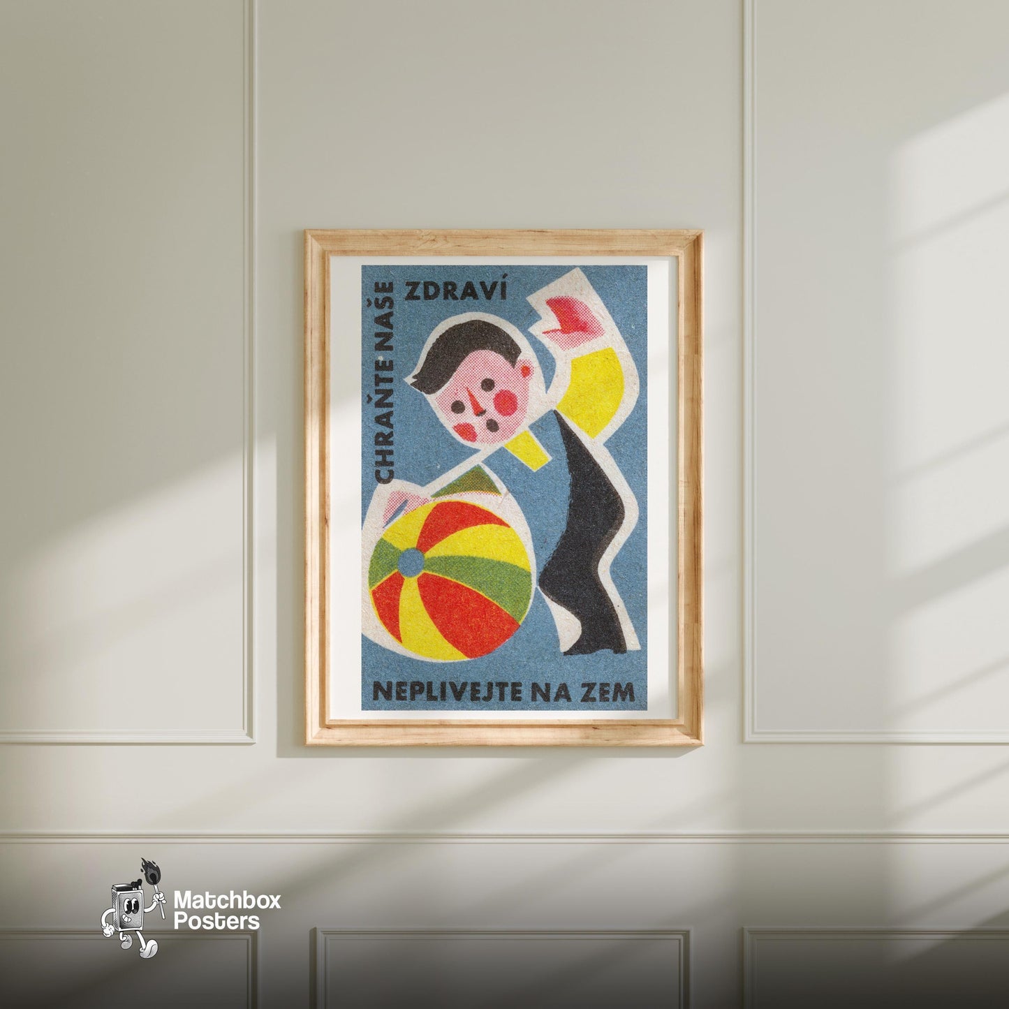 Boy with Beach Ball - vintage matchbox label print - bedroom mockup