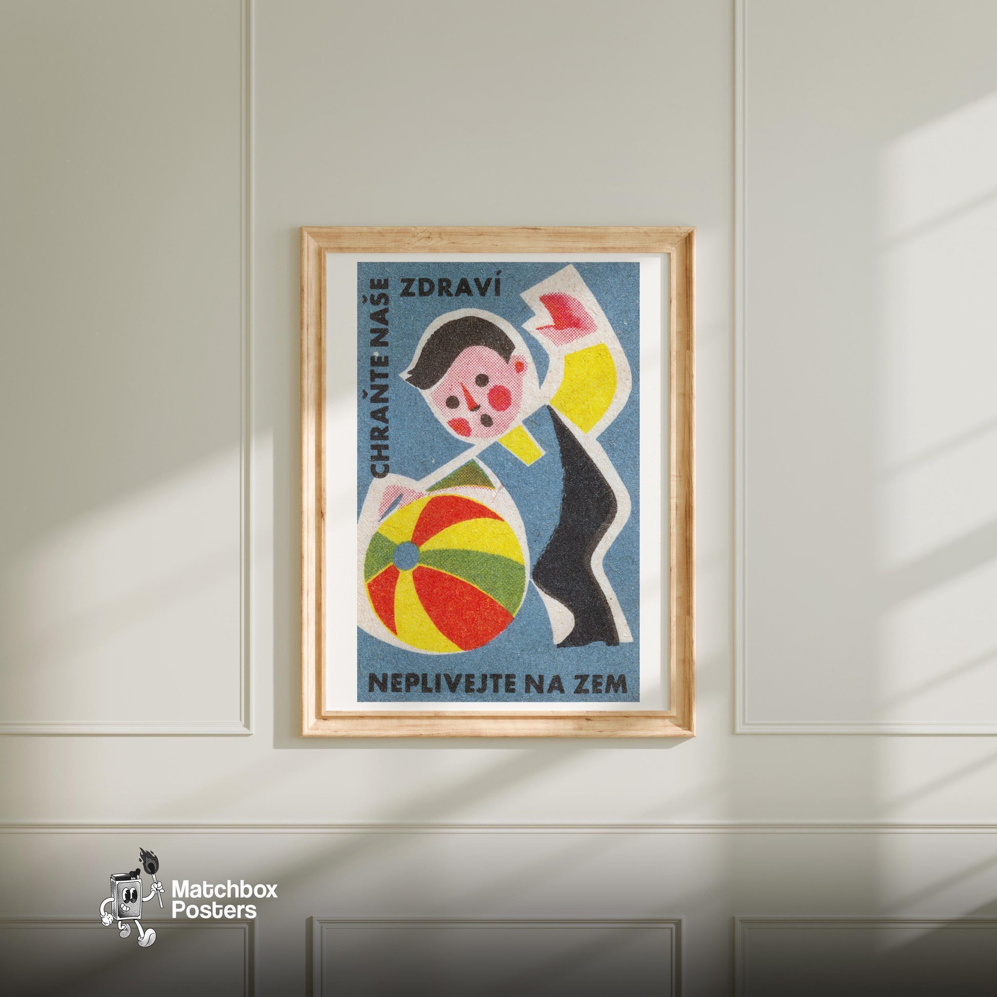 Boy with Beach Ball - vintage matchbox label print - bedroom mockup