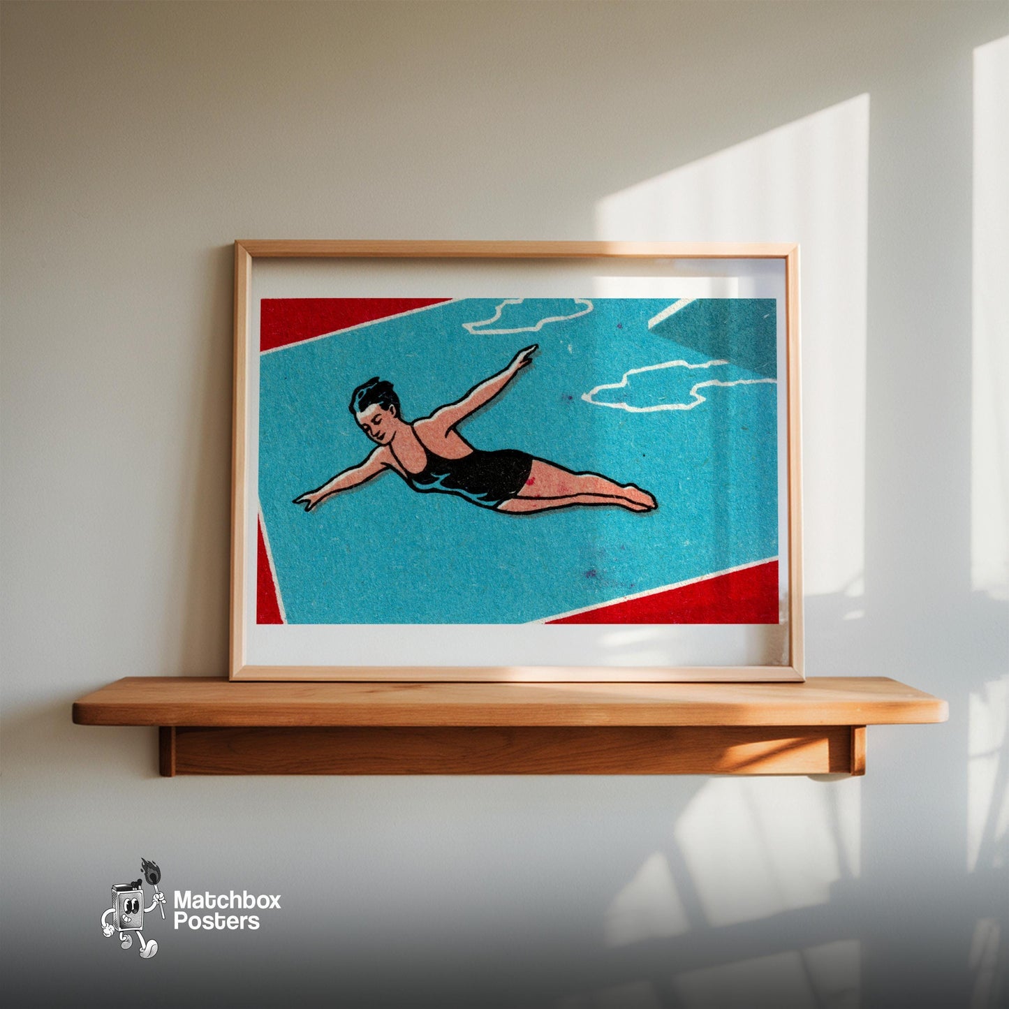 Pool Diver - vintage matchbox label print - size comparison