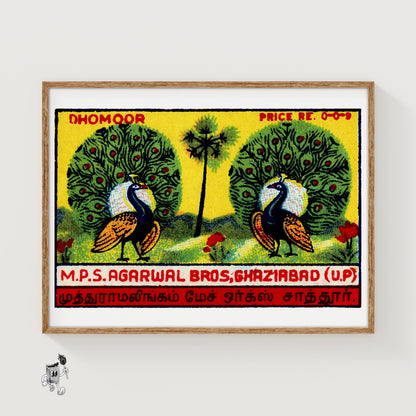 Two Peacocks - vintage matchbox label print