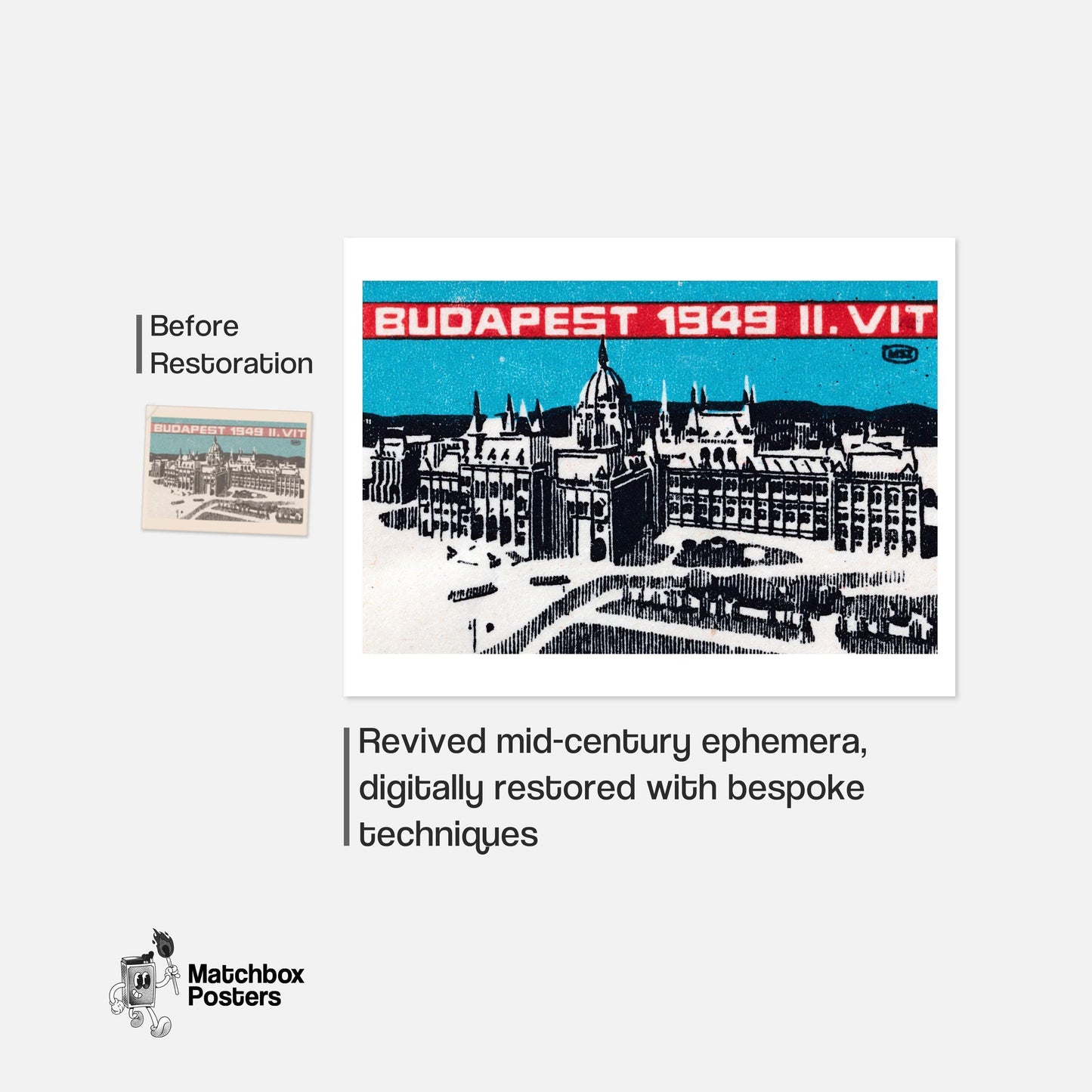 Budapest 1949 - vintage matchbox label print - framed wall art preview