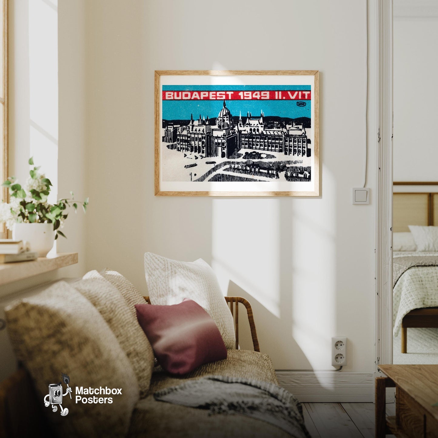 Budapest 1949 - vintage matchbox label print - living room mockup