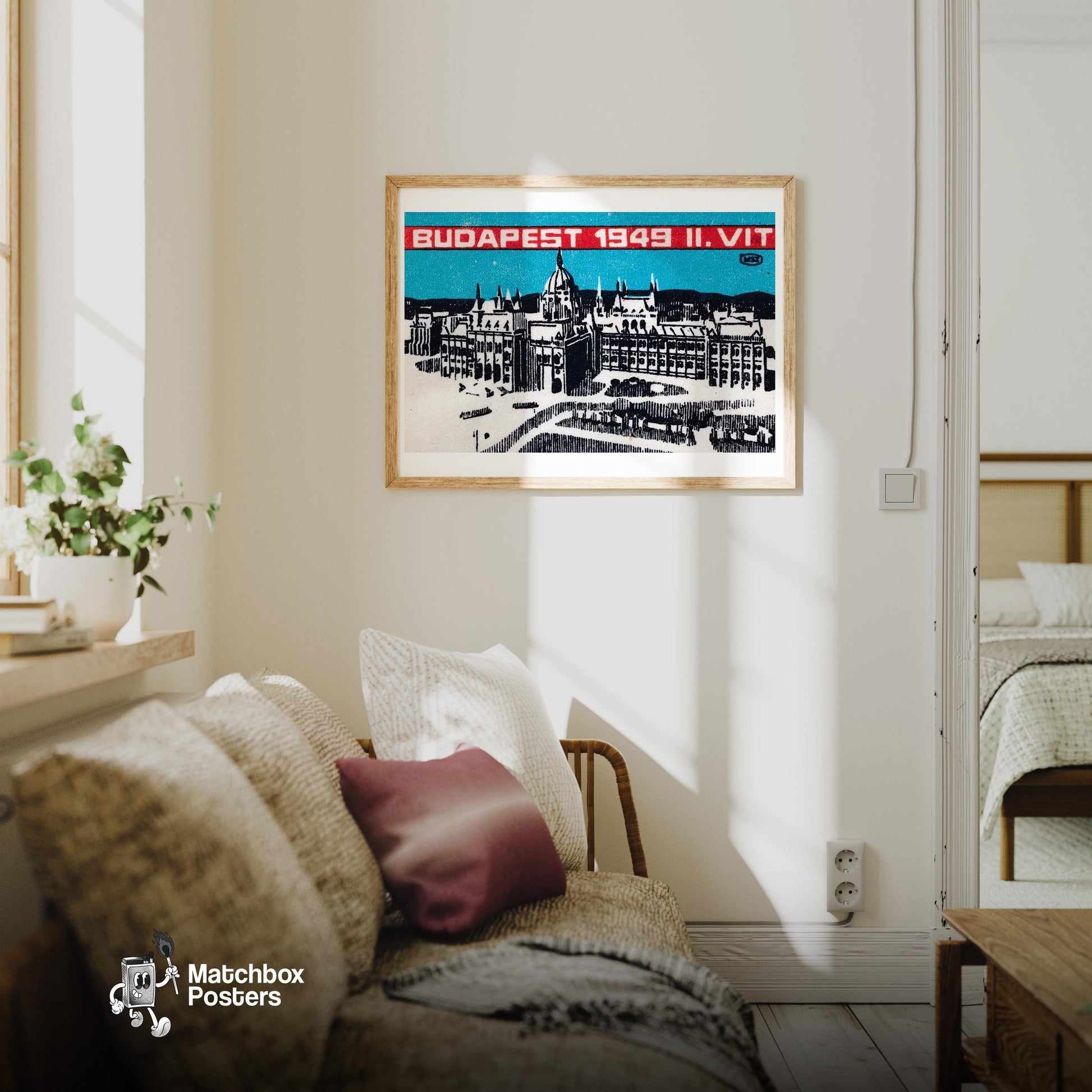 Budapest 1949 - vintage matchbox label print - living room mockup