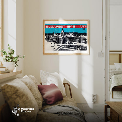 Budapest 1949 - vintage matchbox label print - living room mockup