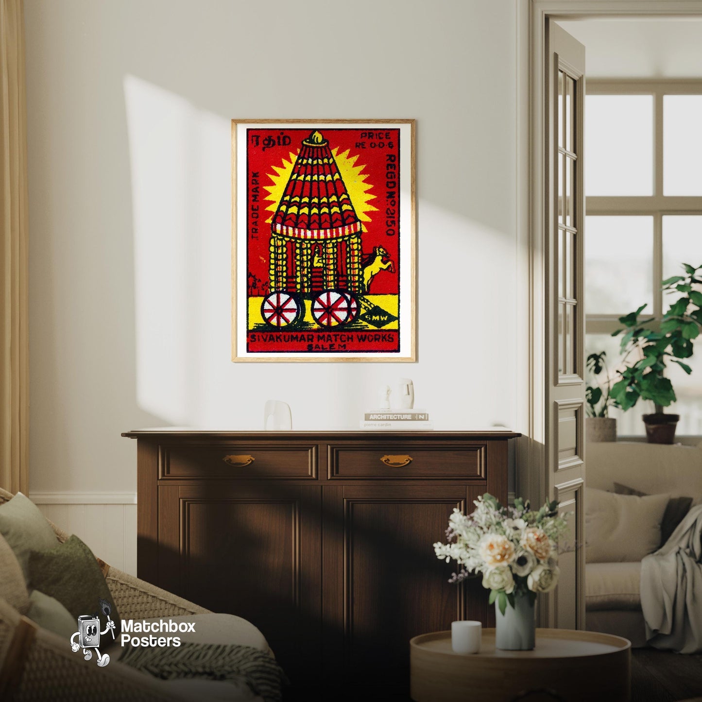Red Chariot - vintage matchbox label print - living room mockup
