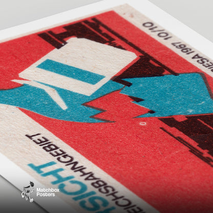 Beware Trains - vintage matchbox label print - close-up detail