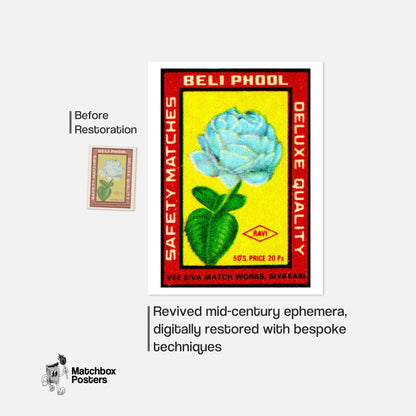 Blue Flower - vintage matchbox label print - framed wall art preview