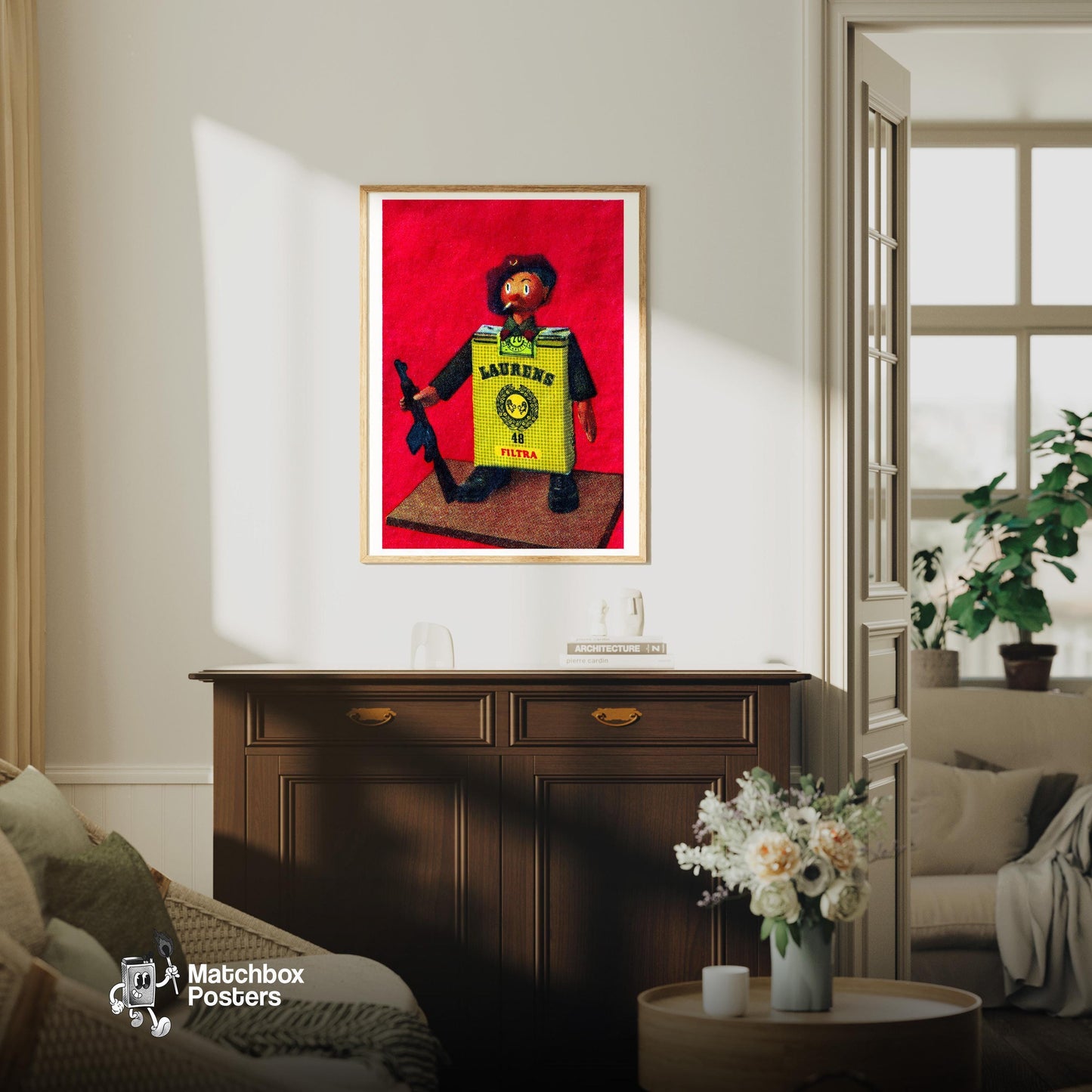 Cigarette Soldier - vintage matchbox label print - living room mockup