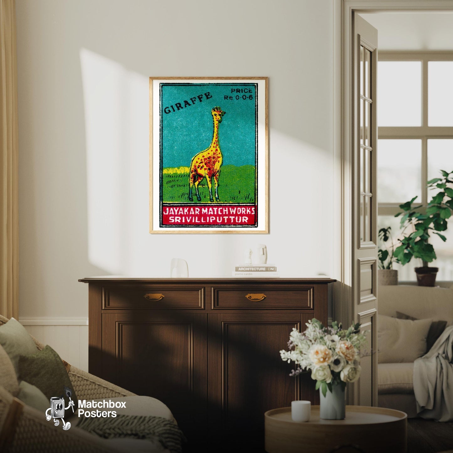 Yellow Giraffe - vintage matchbox label print - living room mockup