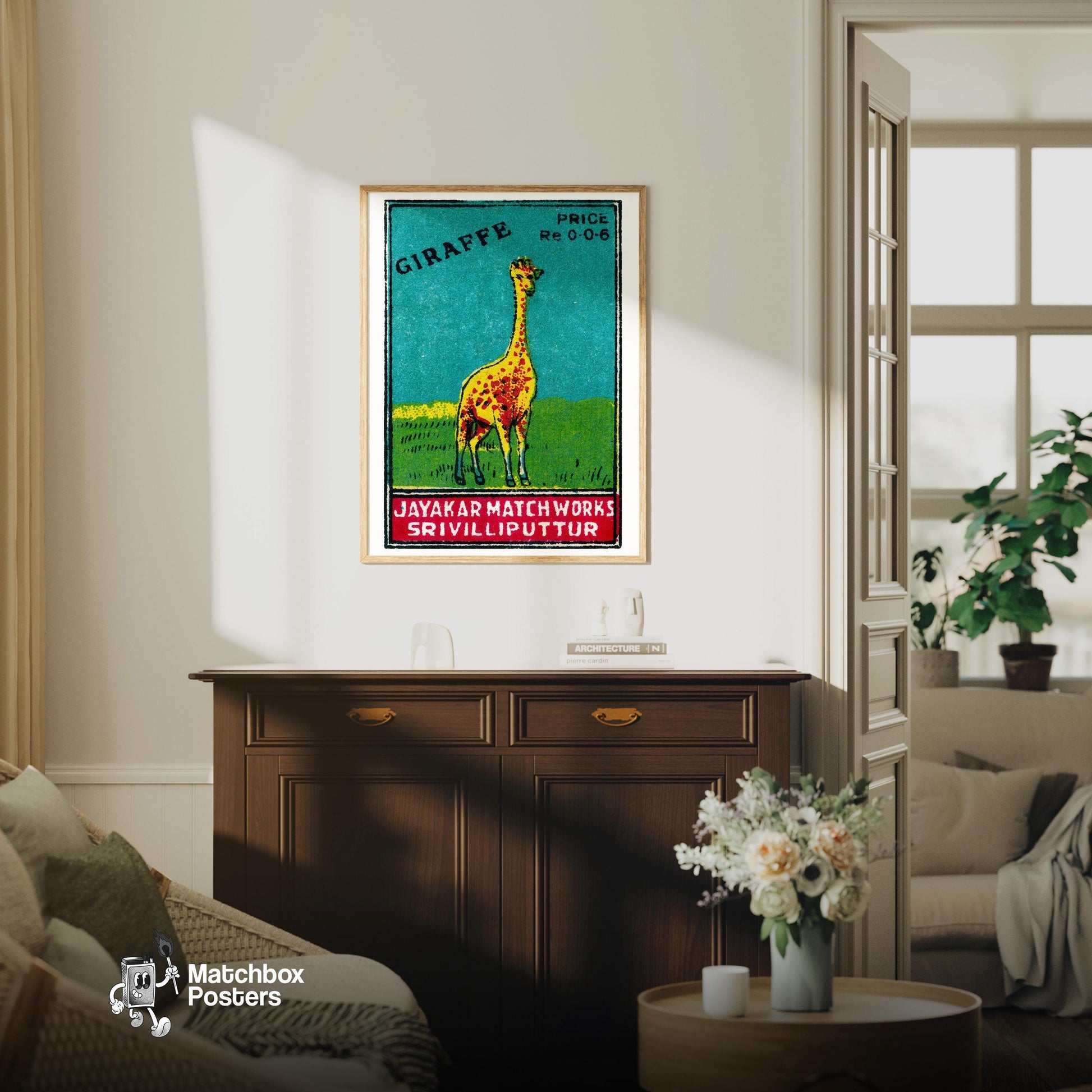 Yellow Giraffe - vintage matchbox label print - living room mockup