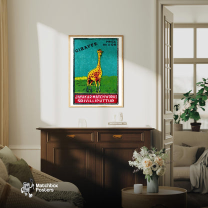 Yellow Giraffe - vintage matchbox label print - living room mockup