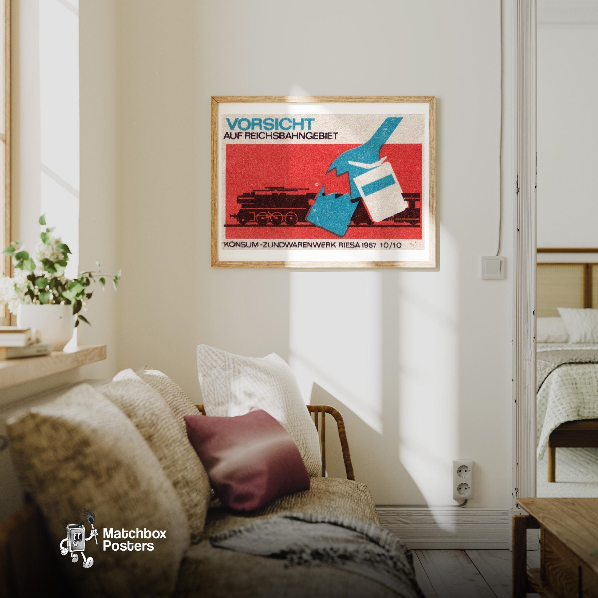 Beware Trains - vintage matchbox label print - living room mockup