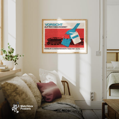 Beware Trains - vintage matchbox label print - living room mockup