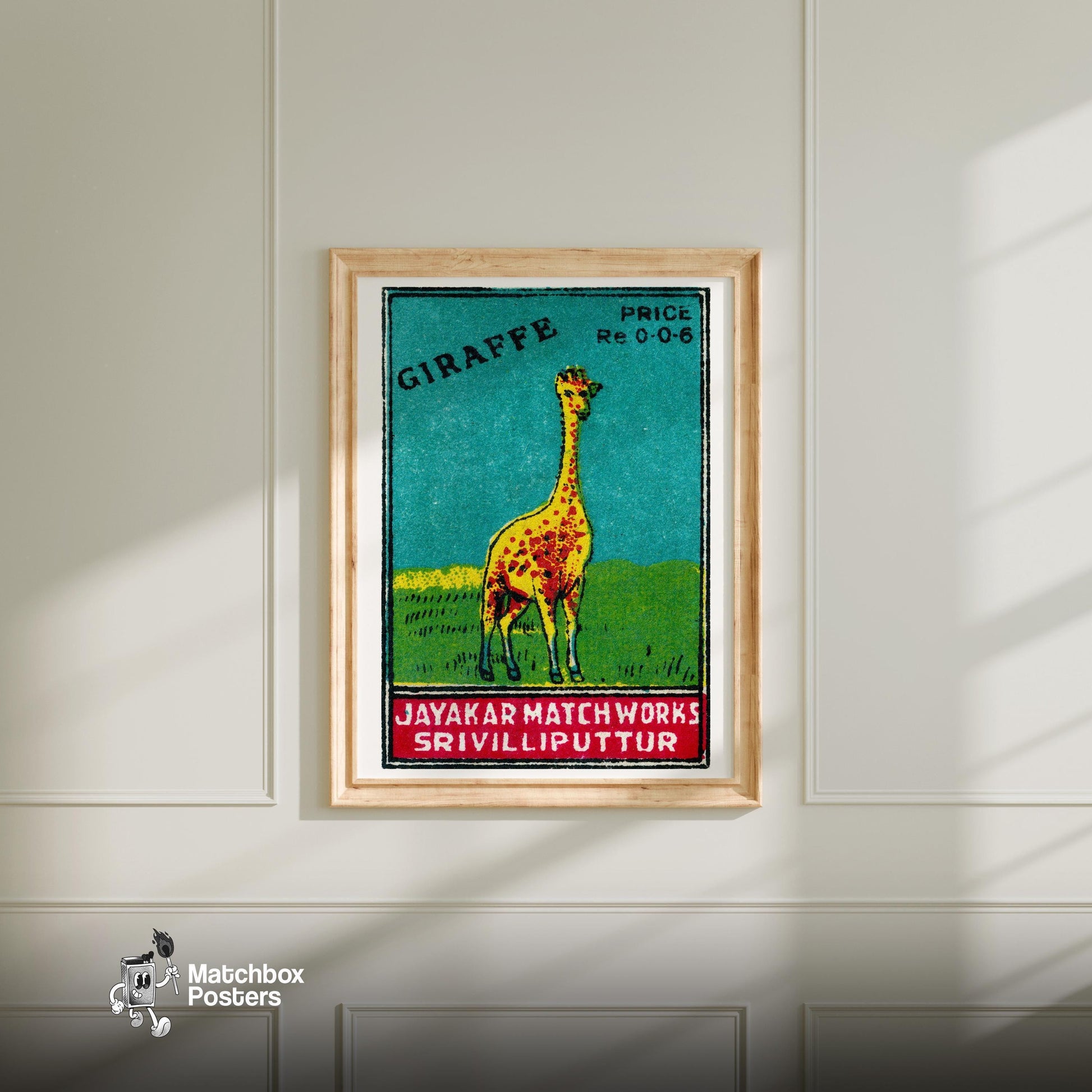 Yellow Giraffe - vintage matchbox label print - bedroom mockup