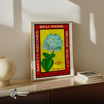 Blue Flower - vintage matchbox label print - size comparison