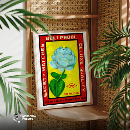 Blue Flower - vintage matchbox label print - office wall