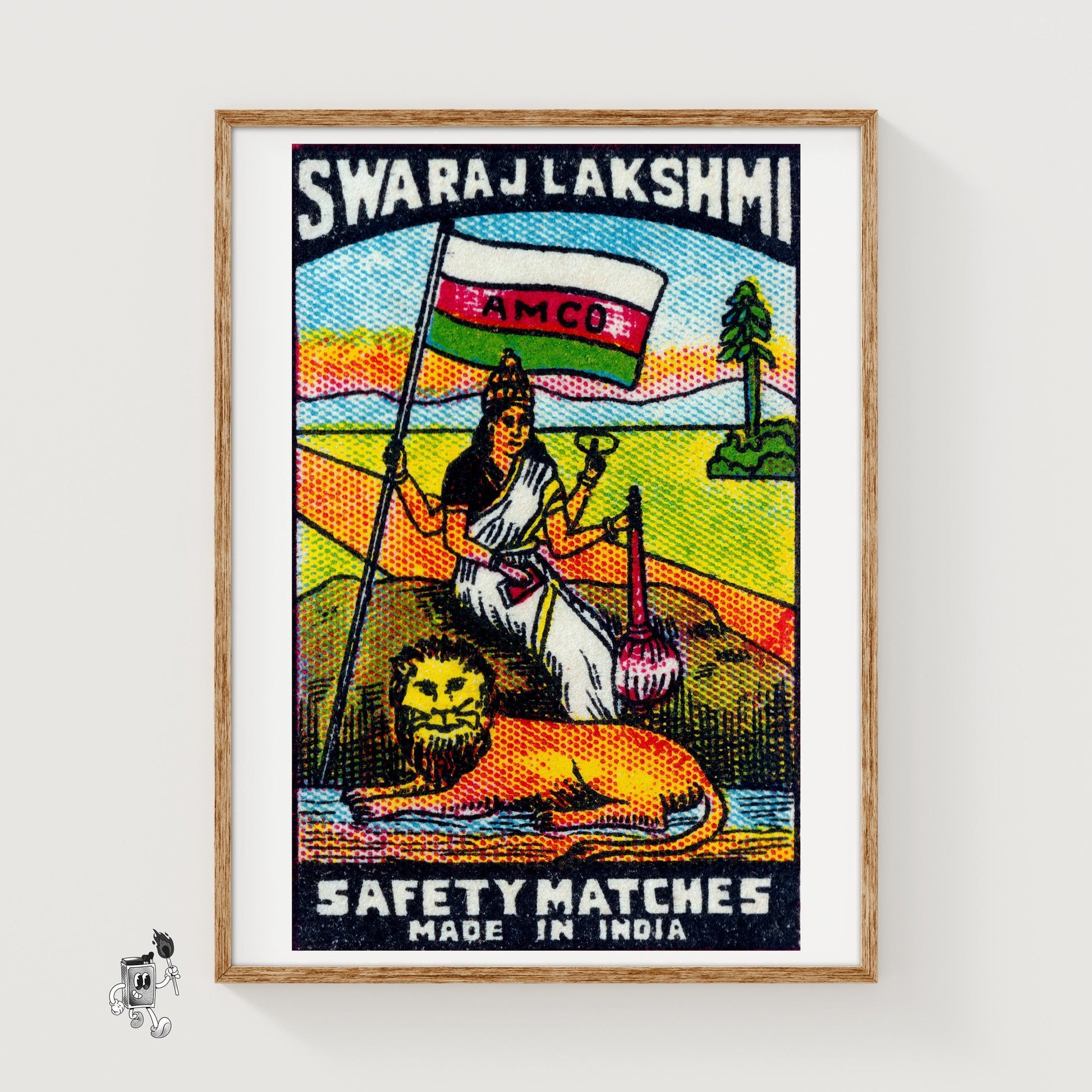 Indian Goddess and Lion - vintage matchbox label print