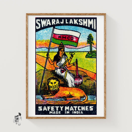 Indian Goddess and Lion - vintage matchbox label print