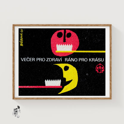 Red and Yellow Toothbrushes - vintage matchbox label print