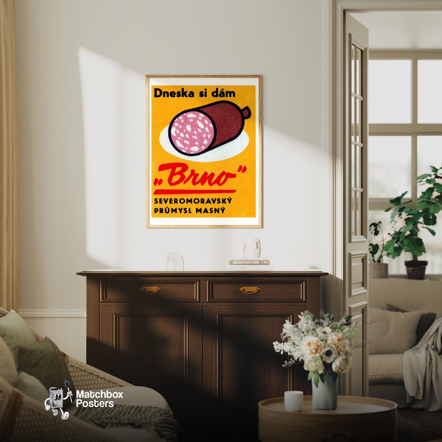 Sliced Salami - vintage matchbox label print - living room mockup