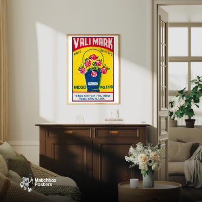 Bucket of Flowers - vintage matchbox label print - living room mockup