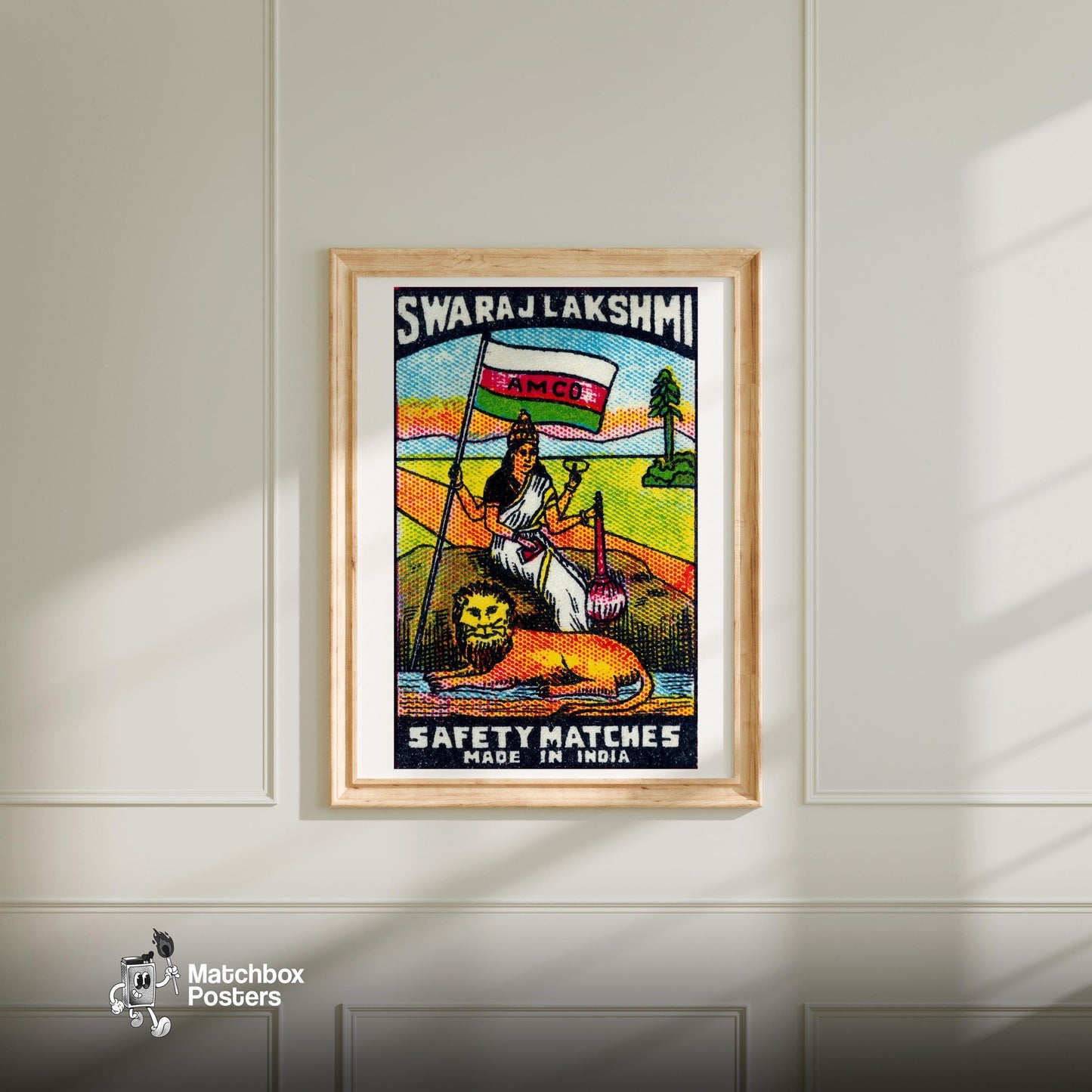 Indian Goddess and Lion - vintage matchbox label print - bedroom mockup