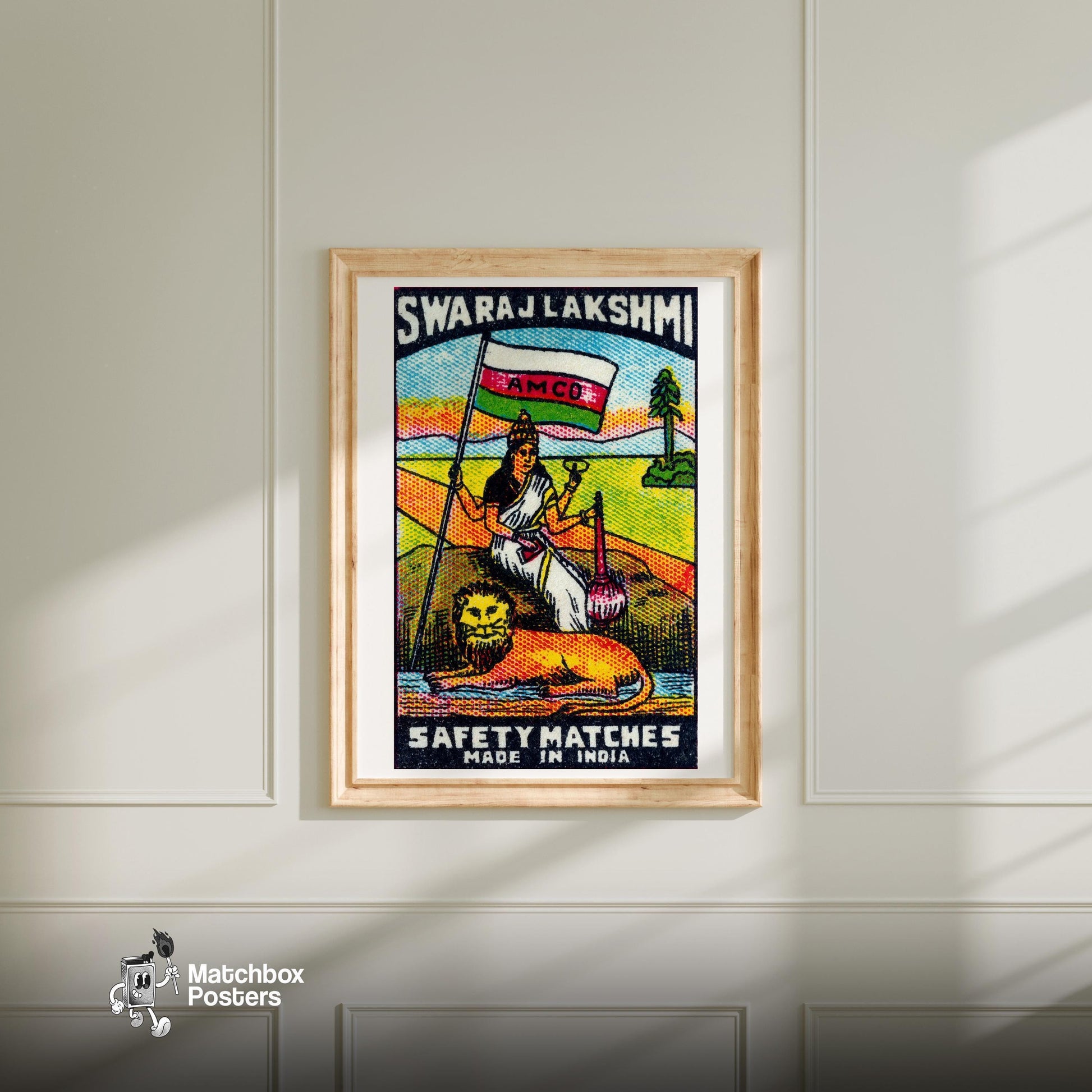Indian Goddess and Lion - vintage matchbox label print - bedroom mockup
