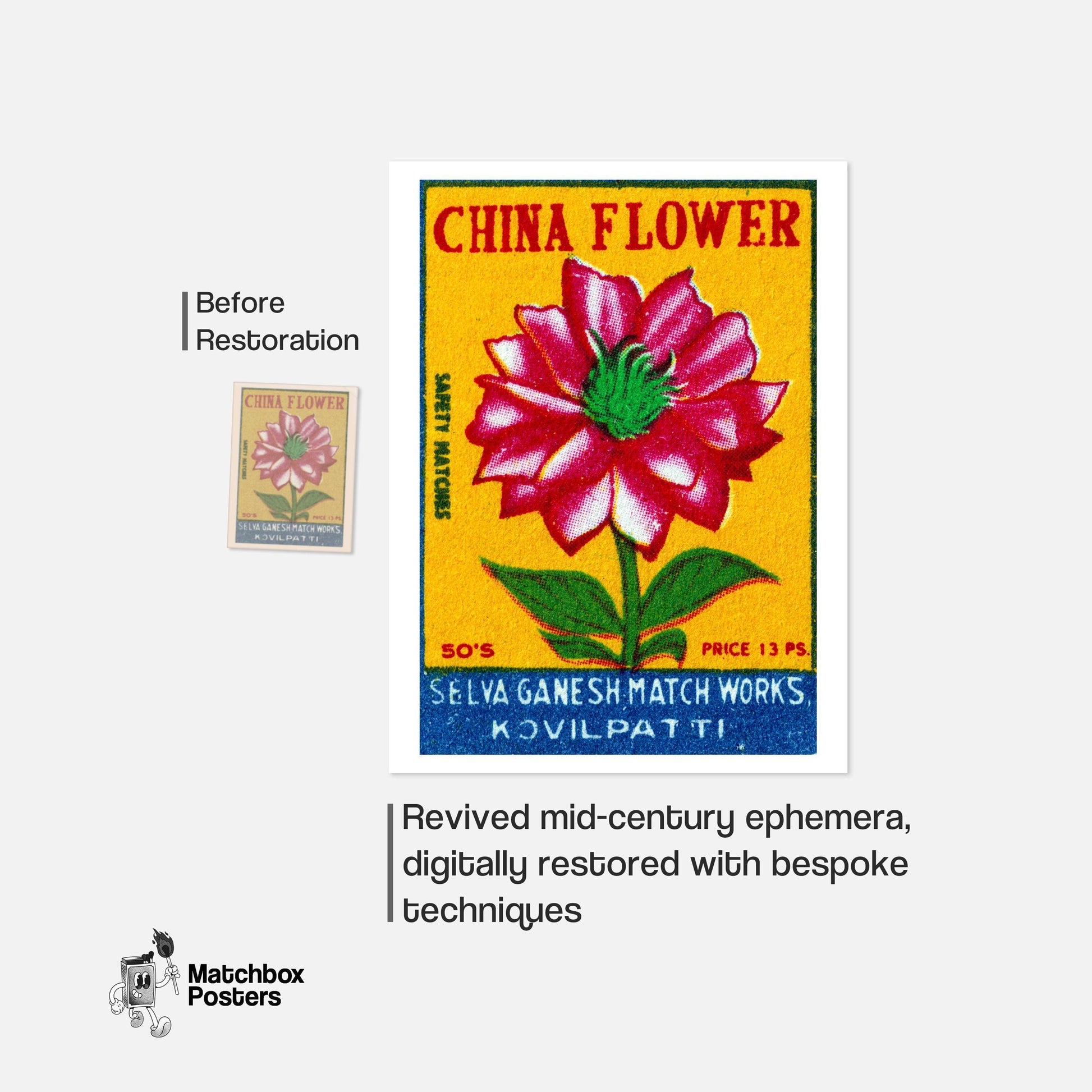 Red China Flower - vintage matchbox label print - framed wall art preview