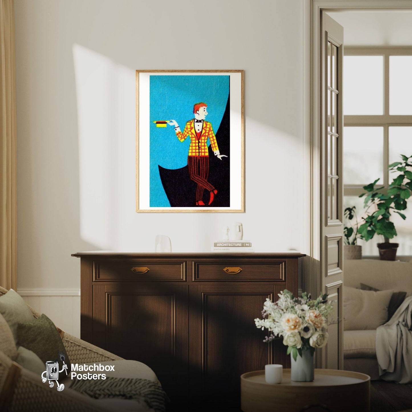 Yellow Jacket Gentleman - vintage matchbox label print - living room mockup