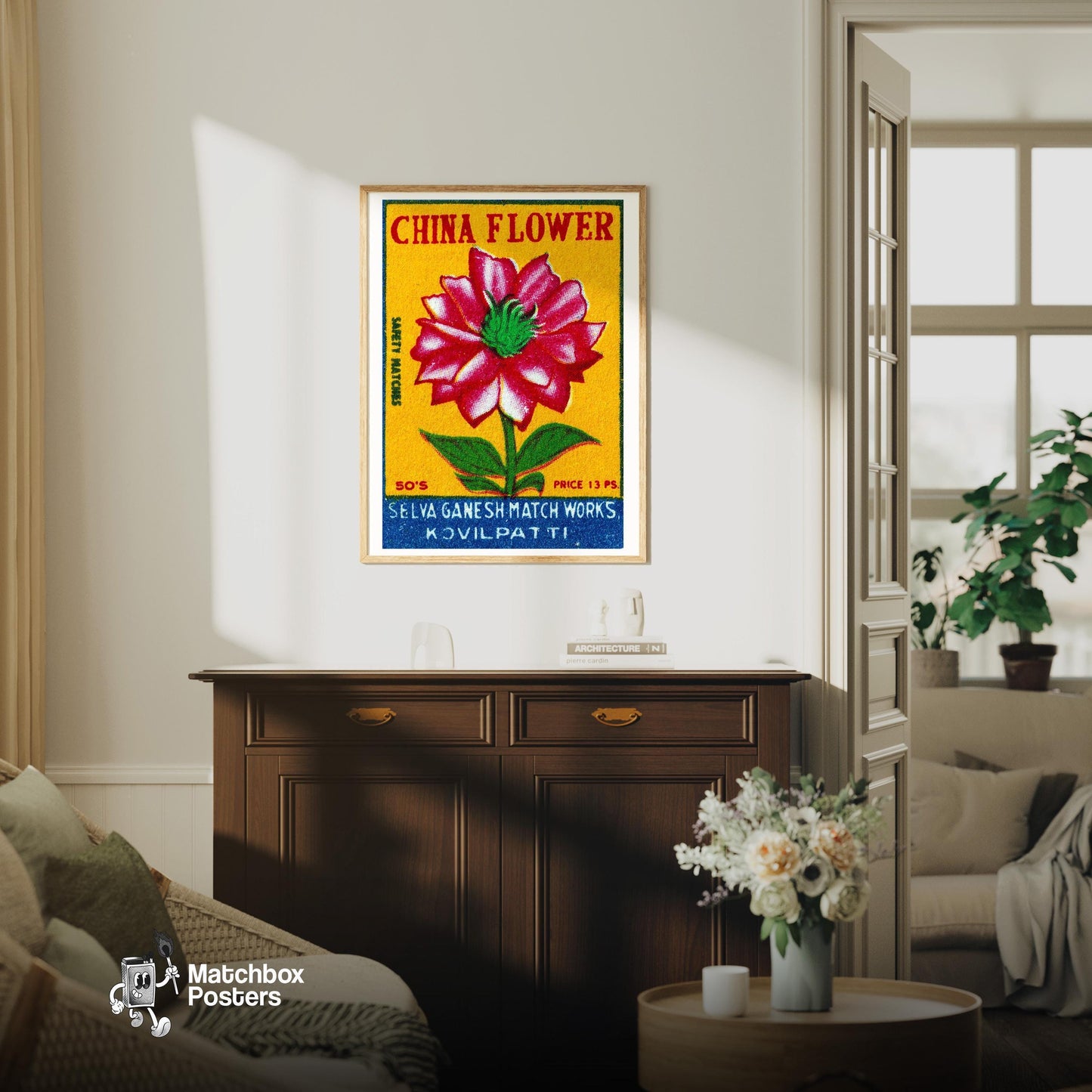 Red China Flower - vintage matchbox label print - living room mockup